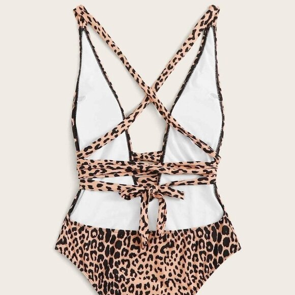 Leopard Print Criss Cross One Piece Swimsuit - Picture 3 of 4